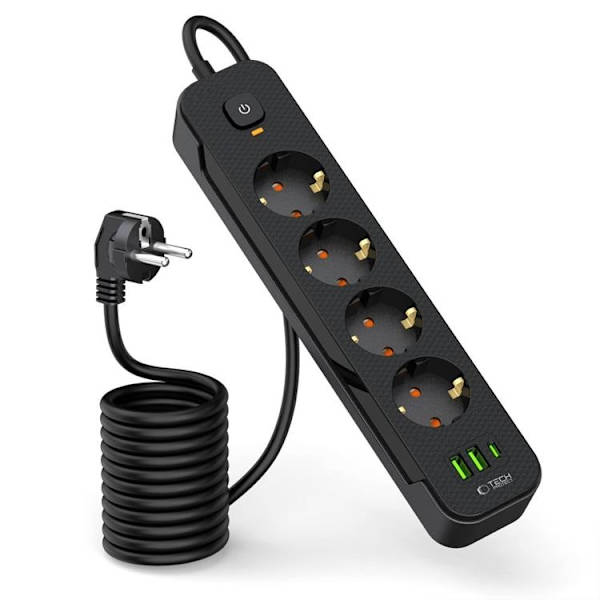 Tech-Protect Strømstik 2x USB/USB-C/4 Stik 200Ccm - Sort Svart