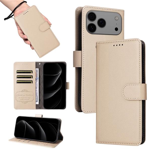 iPhone 17 Pro Max Plånboksfodral RFID Blocking med Handledsrem Beige