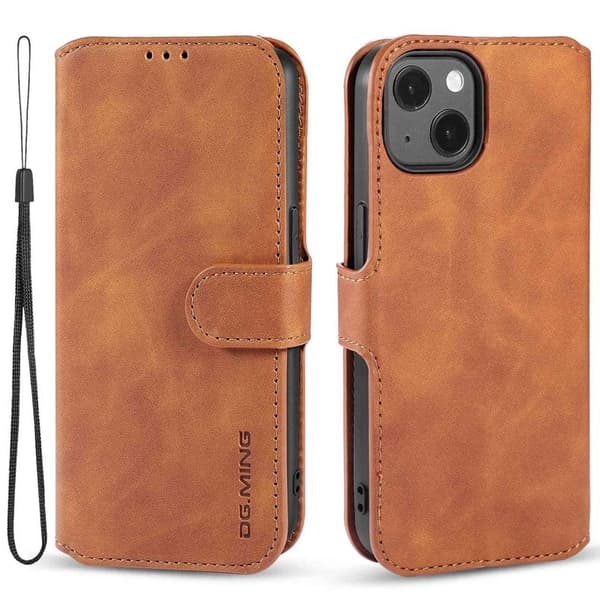 DG.MING iPhone 14 Konstläder Plånboksfodral Retro Stil Magnetisk Stängning Brun