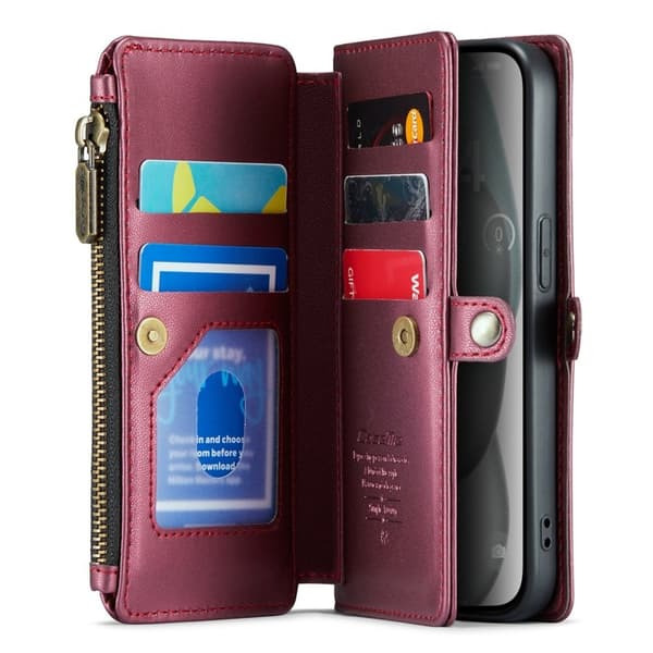 CASEME Plånboksfodral Konstläder för iPhone 15 med kortfack - Vinröd