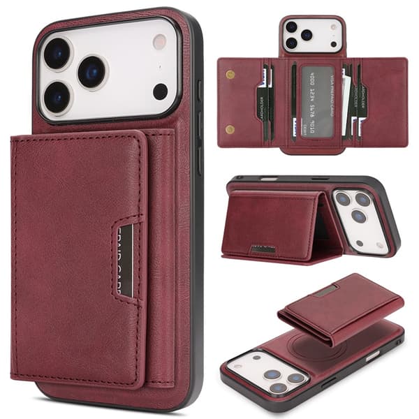 Mobilskal till iPhone 17 Pro MagSafe Kickstand Tri-fold Korthållare Röd