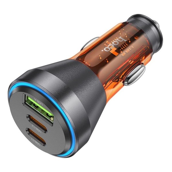 Hoco Biloplader 2x USB-C/USB-A - Orange/Transparent