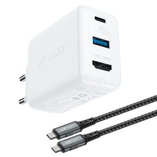Acefast 2-i-1 vægoplader 65W USB-A til USB-C/HDMI-kabel - hvid