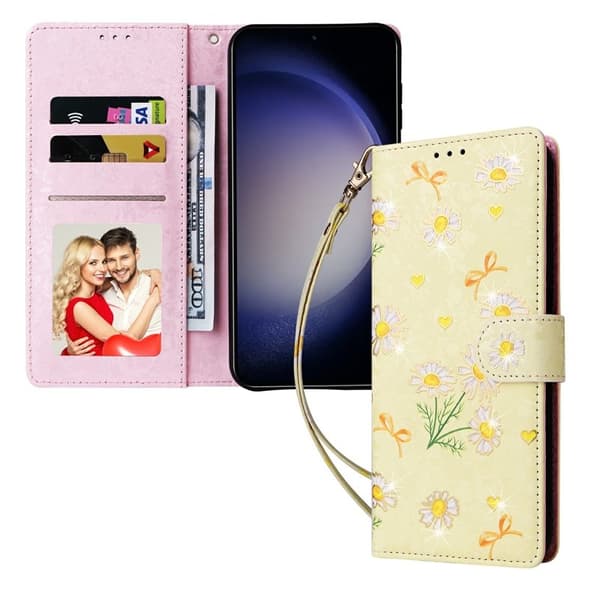 Mobilskal till Samsung Galaxy S26 Plus RFID-Skydd Blomma KonstLäder - Gul Daisy