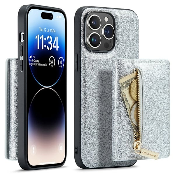 DG.MING M3 Series iPhone 15 Pro Plånboksfodral Glittery Konstläder Silver