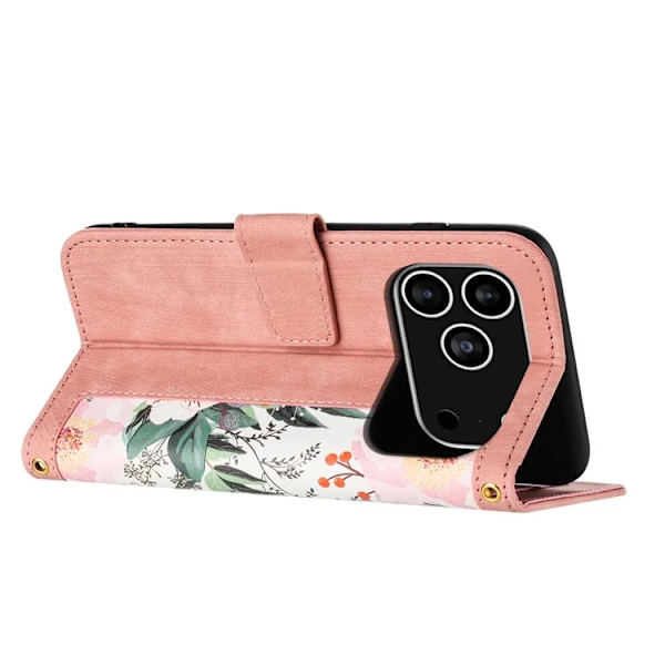 iPhone 17 Pro Plånboksfodral Floral Konstläder - Rosa Rosa