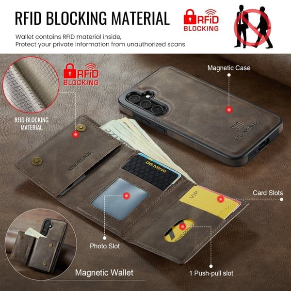 DG.MING M6 Series Konstläder Plånboksfodral för Samsung Galaxy S25+ - Brun