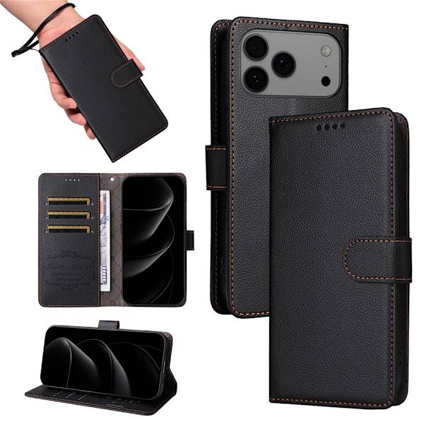 iPhone 17 Pro Max Plånboksfodral RFID Blocking med Handledsrem Svart