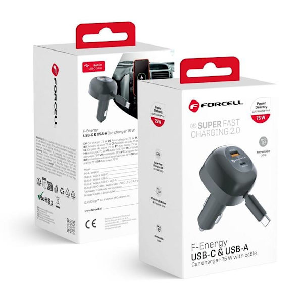 Forcell Billaddare 75W USB-C - USB-A  PD QC Retractable Kabel