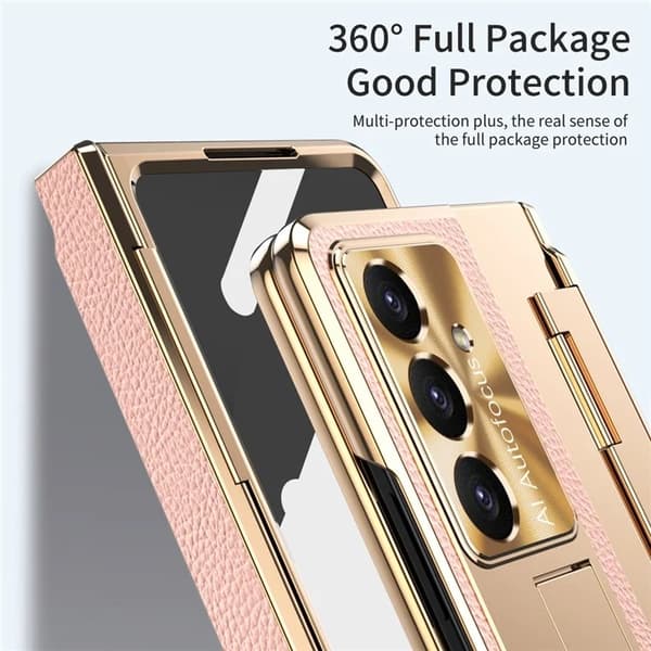 Mobilskal till Galaxy Z Fold7 5G läder + PC Kickstand - Guld+Rosa Guld