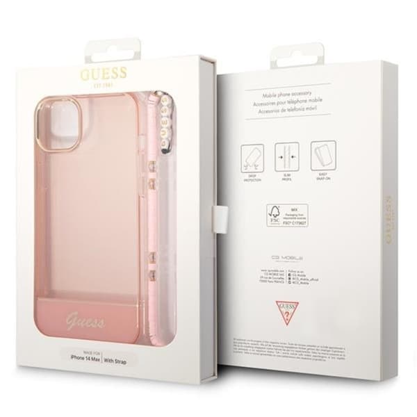 GUESS iPhone 14 Plus Kuori Translucent Pearl Strap - Pinkki Rosa
