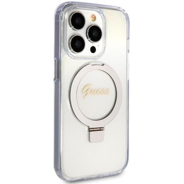 Guess Mobilskal till iPhone 15 Pro Magsafe Ringställ Script Glitter Transparent