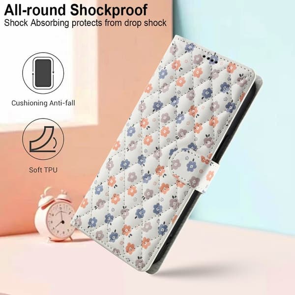 Samsung Galaxy S26 Plus Plånboksfodral Rhombic Blommönster Konstläder - Vit