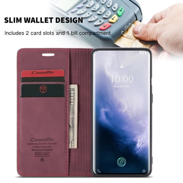 CASEME 013 för OnePlus 7 Pro Plånboksfodral Konstläder Vinröd