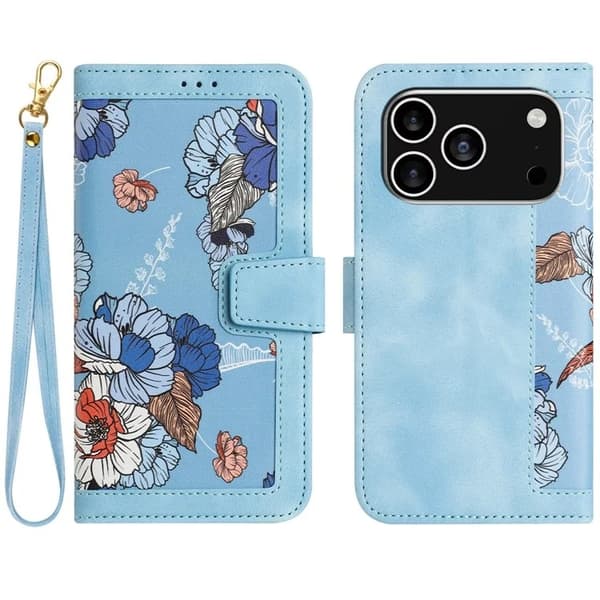 iPhone 17 Pro Plånboksfodral Floral Konstläder - Ljusblå Blå