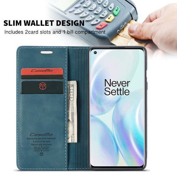 CASEME 013 Series Konstläder plånboksskal för OnePlus 8 - Blå