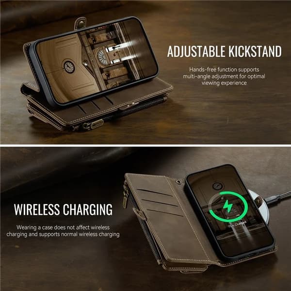 Caseme iPhone 16 Konstläder Plånboksfodral RFID-Skydd Zipper - Brun Brun