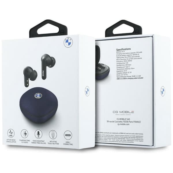 BMW TWS In-Ear Høretelefoner Bluetooth ENC Læder Metal Logo - Blå Blå
