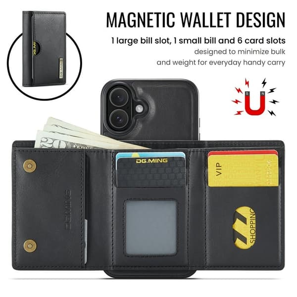 DG.MING M6 Series Mobilskal till iPhone 16 Plus Magnetiskt Plånboksfodral Svart