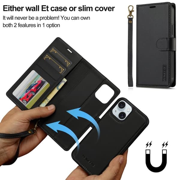 LC.IMEEKE L2 Series iPhone 15 Plus Plånboksfodral Konstläder - Svart