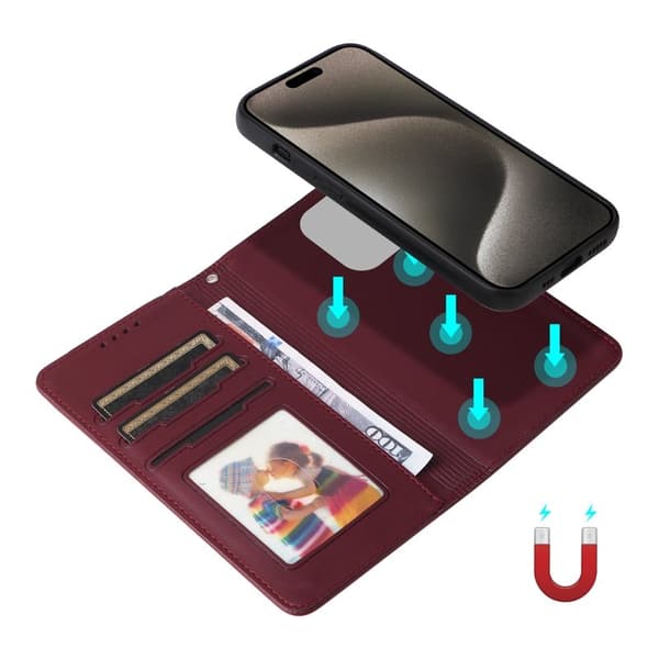 BETOPNICE iPhone 15 Pro Max Plånboksfodral - Detachable Konstläder- Vinröd