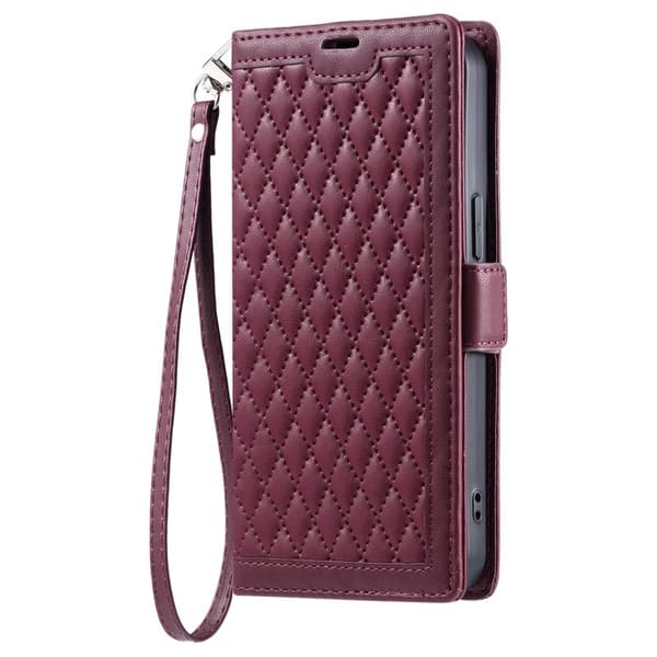 Samsung Galaxy S26 Plånboksfodral Konstläder Rhombus Textur - Vinröd