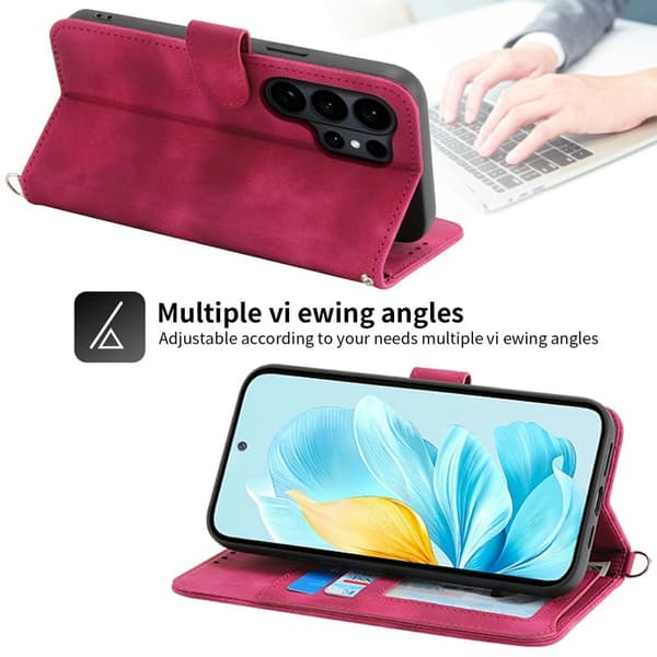 Samsung Galaxy S26 Ultra Plånboksfodral Konstläder Blommönster - Vinröd