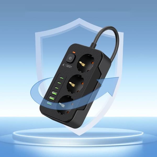 Tech-Protect Strømfordelingsstik 3x USB/3x USB-C/3 Stik 200Ccm - Sort Svart