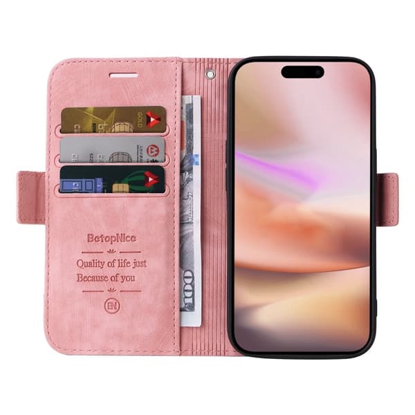BETOPNICE 001 iPhone 16 Plus Plånboksfodral Ställ Card Slots Konstläder - Rosa