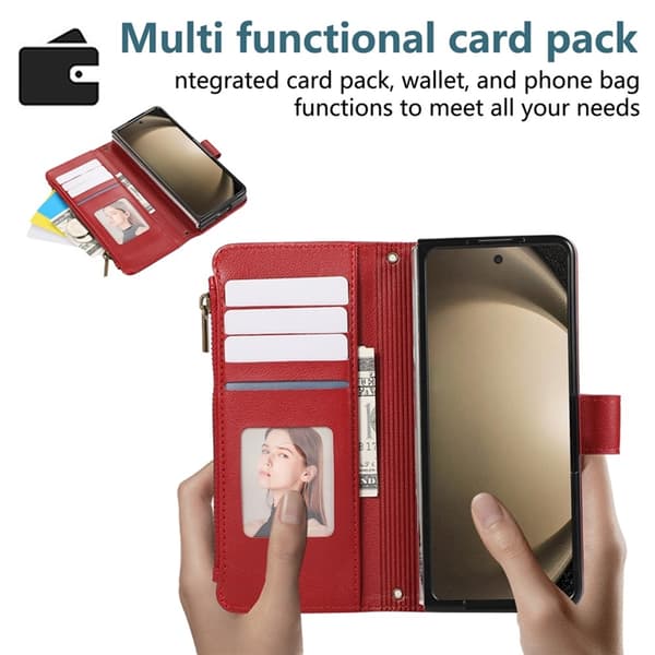 Galaxy Z Fold 7 Plånboksfodral Multi Zipper Läder - Röd Röd