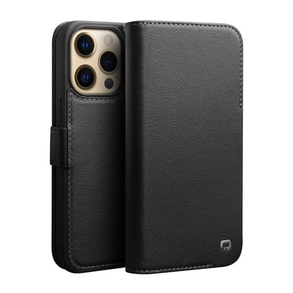 QIALINO iPhone 13 Pro Plånboksfodral Äkta Läder Flip Folio Svart
