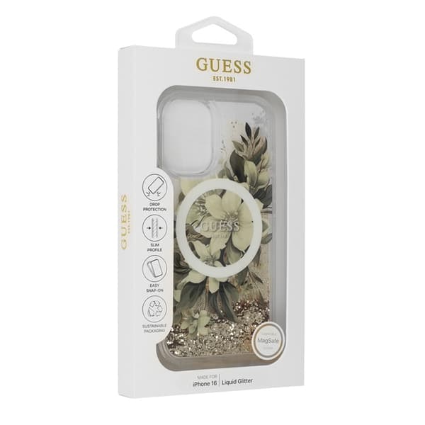 Guess Mobilskal till iPhone 16 Pro MagSafe Liquid Glitter Flower Beige