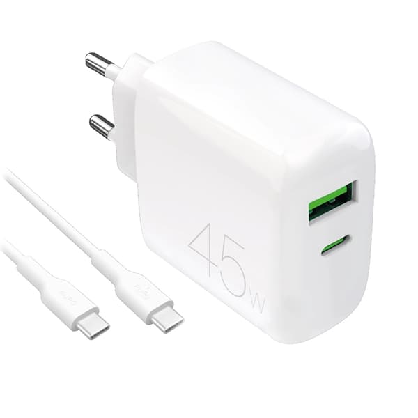 Puro Hurtigoplader 45W USB-A/USB-C med USB-C Kabel PD - Hvid Vit
