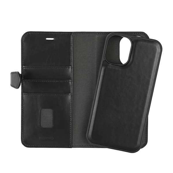 BUFFALO äkta läder iPhone 16 Plus Plånboksfodral MagSafe 2-i-1 - Svart Black