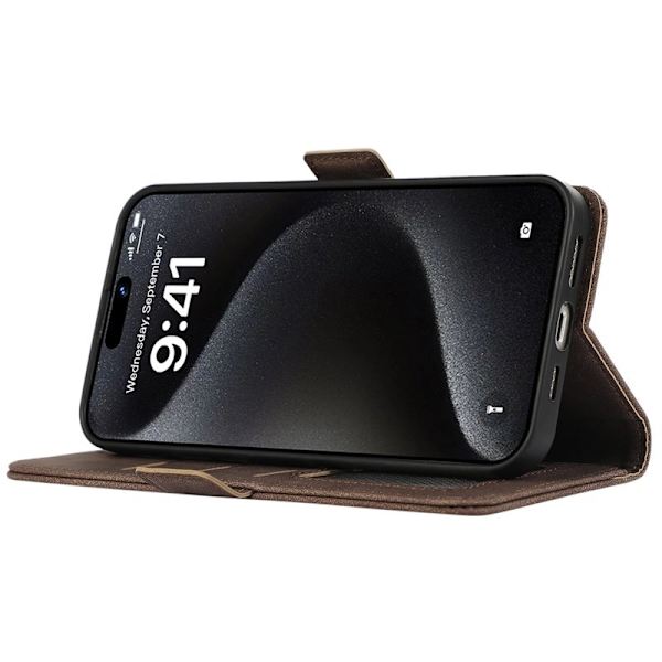 ABEEL iPhone 15 Pro Max Plånboksfodral Konstläder Ställ RFID Skydd - Brun