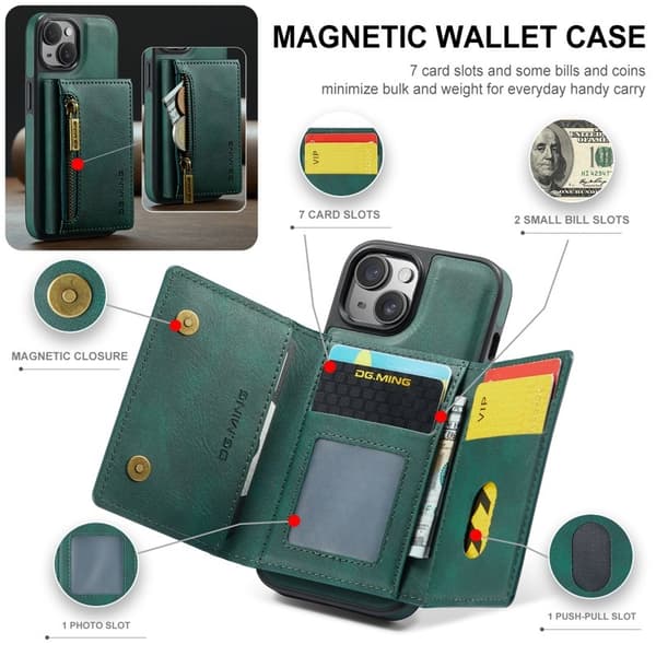 DG.MING M5 Series Mobilskal till iPhone 14 RFID-Skydd Konstläder TPU Grön