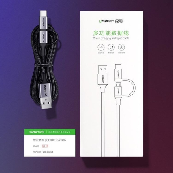 Ugreen 2i1 USB-A til microUSB, USB-C Kabel 1m - Sort