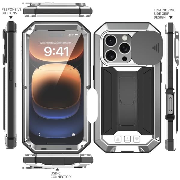 R-JUST Mobilskal till iPhone 16 Pro Max Kickstand Silicone Metall PC Silver