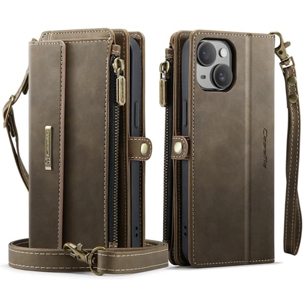 Caseme iPhone 14 Plus Konstläder Plånboksfodral RFID-Skydd Zipper - Brun Brun