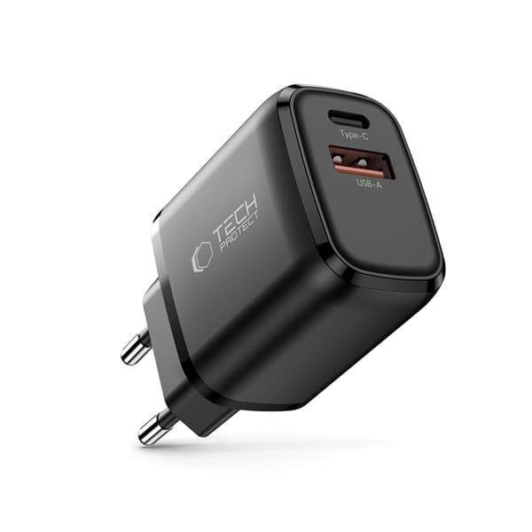 Tech-Protect Vægopladeradapter USB-A/USB-C 30W - Sort Svart