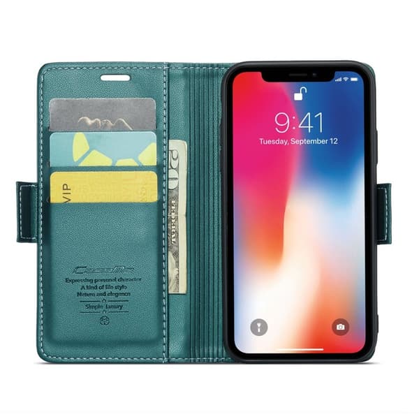 CASEME iPhone XS Max Plånboksfodral Konstläder RFID-Skydd 3 Kort Grön