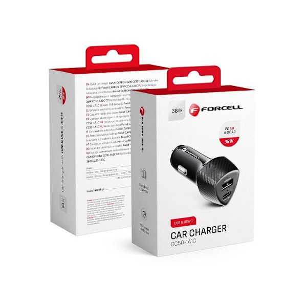FORCELL billaddare USB-C 3.0 PD20W USB QC3.0 18W 5A svart Svart