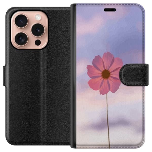 Lompakkokotelo Apple iPhone 16 Pro -puhelimelle vaaleanpunaisella kukalla