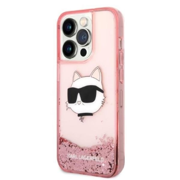 Karl Lagerfeld iPhone 14 Pro -kotelo Glitter Choupette Head - vaaleanpunainen