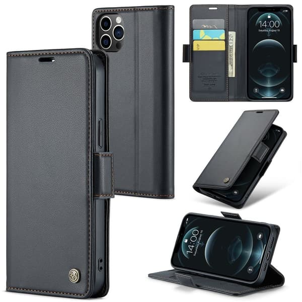 CASEME iPhone 12 Pro Max Plånboksfodral Konstläder RFID-Skydd Svart