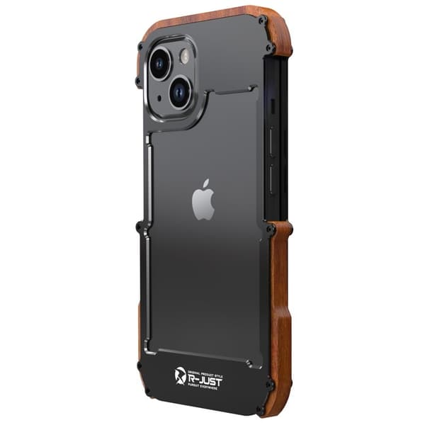 R-JUST Mobilskal till iPhone 14 Plus Shockproof Trä + Aluminium Legering Svart