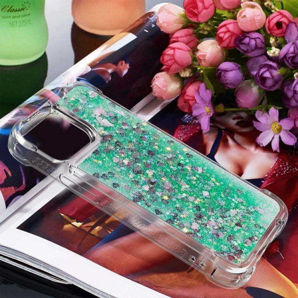 iPhone 14 Pro Case nestemäinen kelluva glitter - vihreä