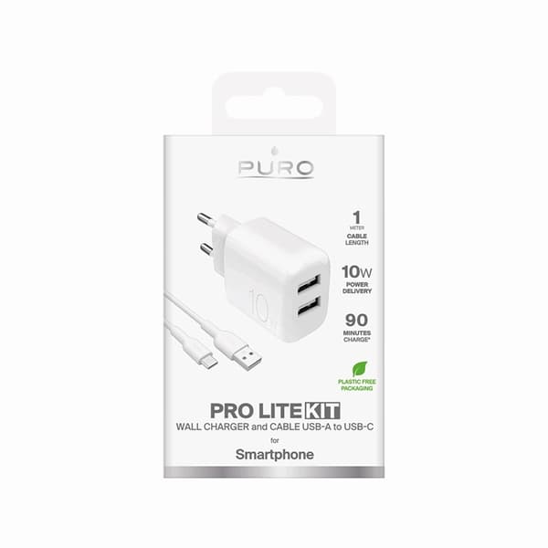 Puro Väggladdare 10W 2x USB-A + USB-A - USB-C Kabel 1.2m Polite Vit