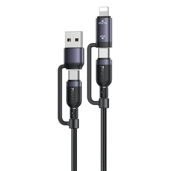 YESIDO 4in1 USB - 2x USB-C/Lightning 60W kabel 8-pin 1.2m Svart