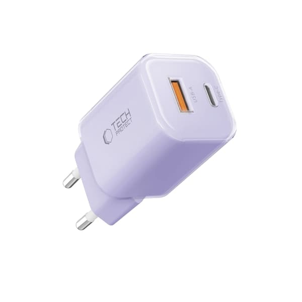 Tech-Protect Vægoplader USB-A Til USB-C 33W - Baby Lilla Svart